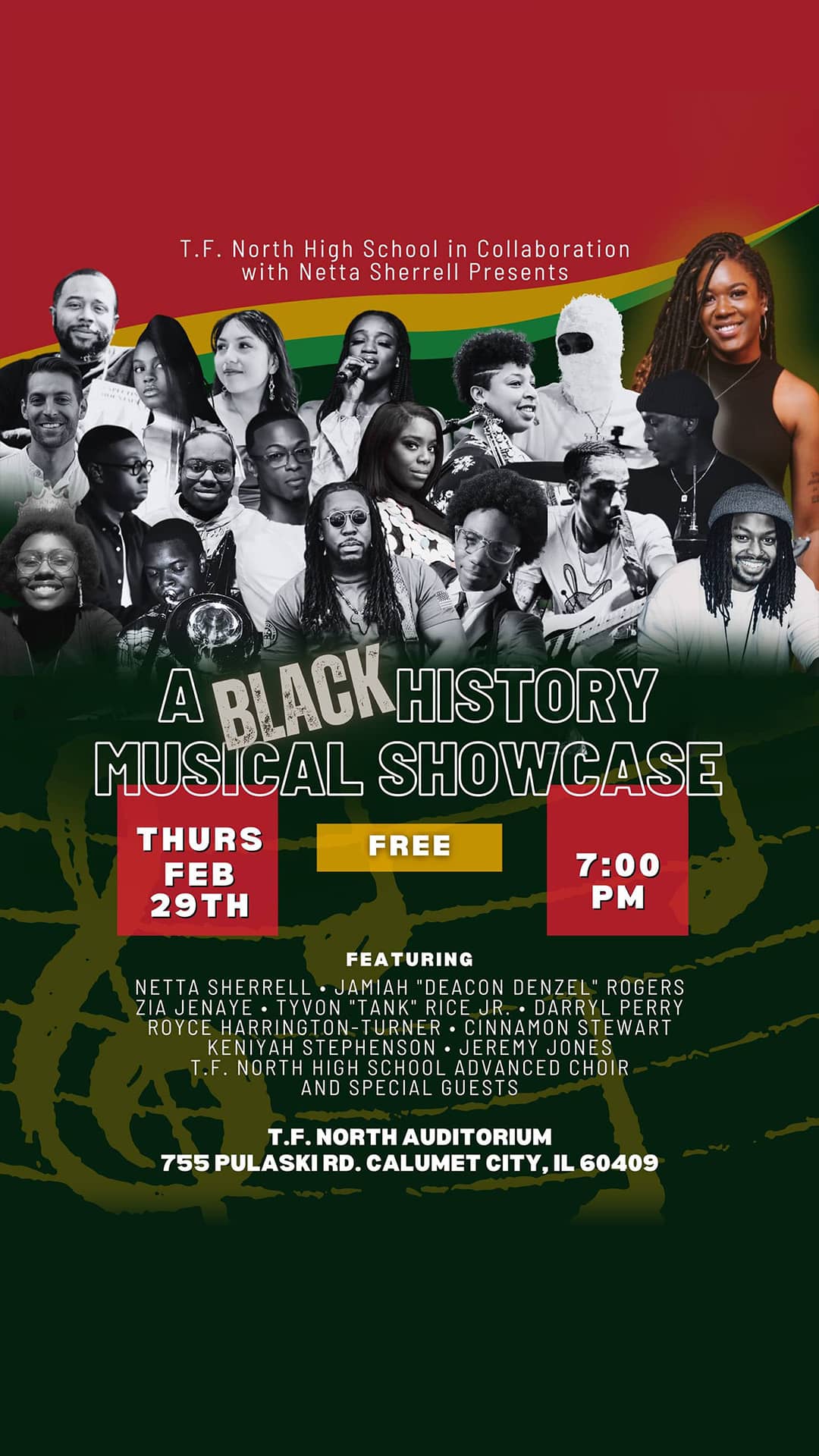 Poster for T.F. North High School's Black History Musical Showcase presented by Netta Sherrell on Thursday, February 29th at 7:00 PM. The event is free and features artists such as Netta Sherrell, Jamiah 'Deacon Denzel' Rogers, and others, held at T.F. North Auditorium, Calumet City, IL.